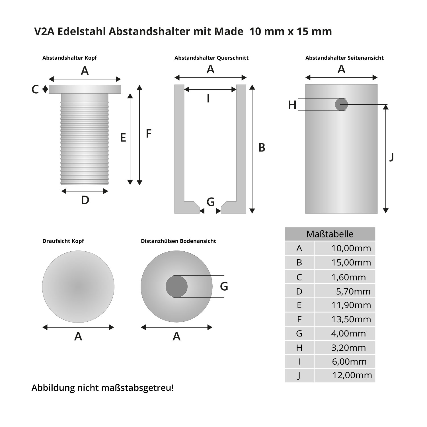 V2A Edelstahl Abstandshalter 10 mm x 15 mm