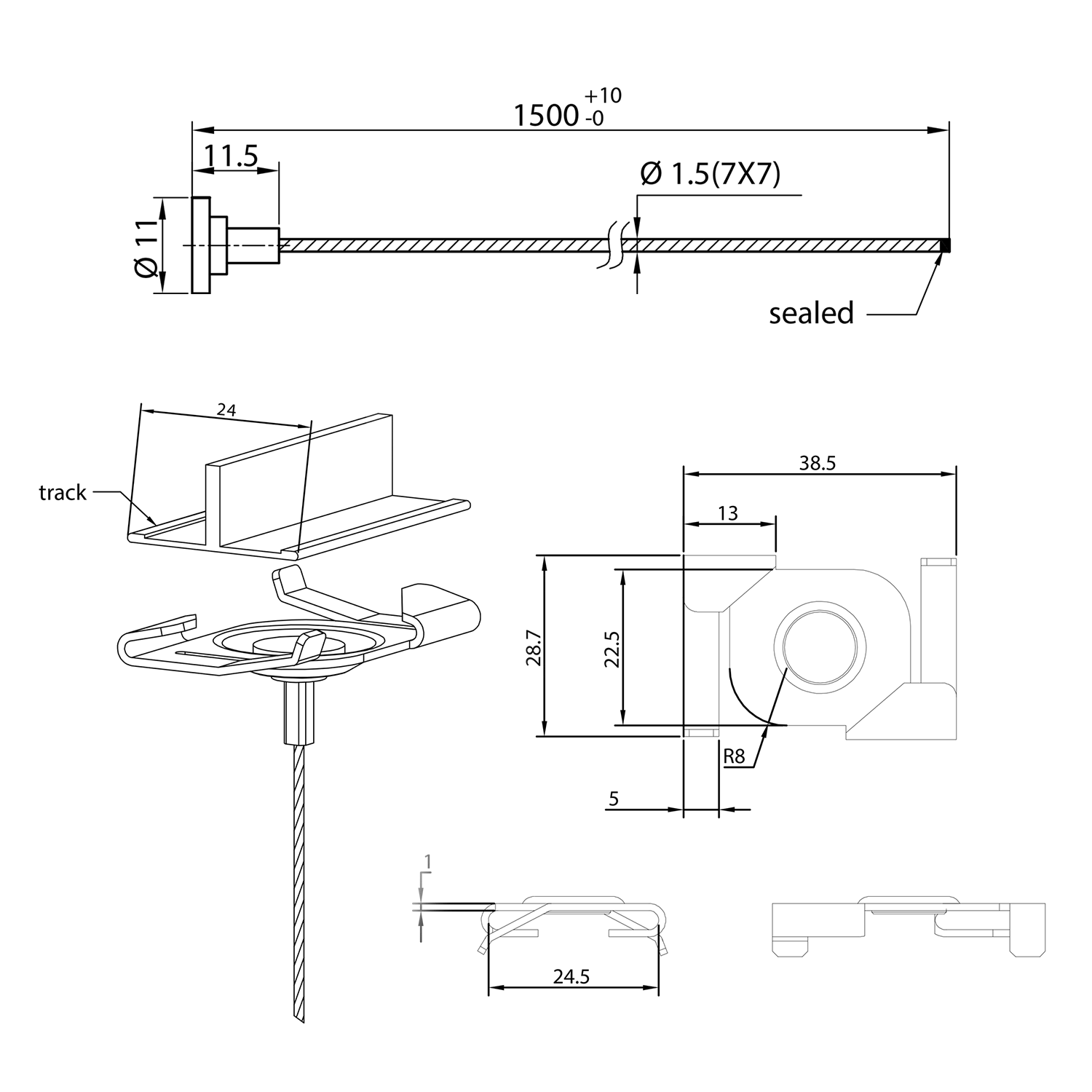 Deckenclip inklusive Stahlseil Strichzeichnung